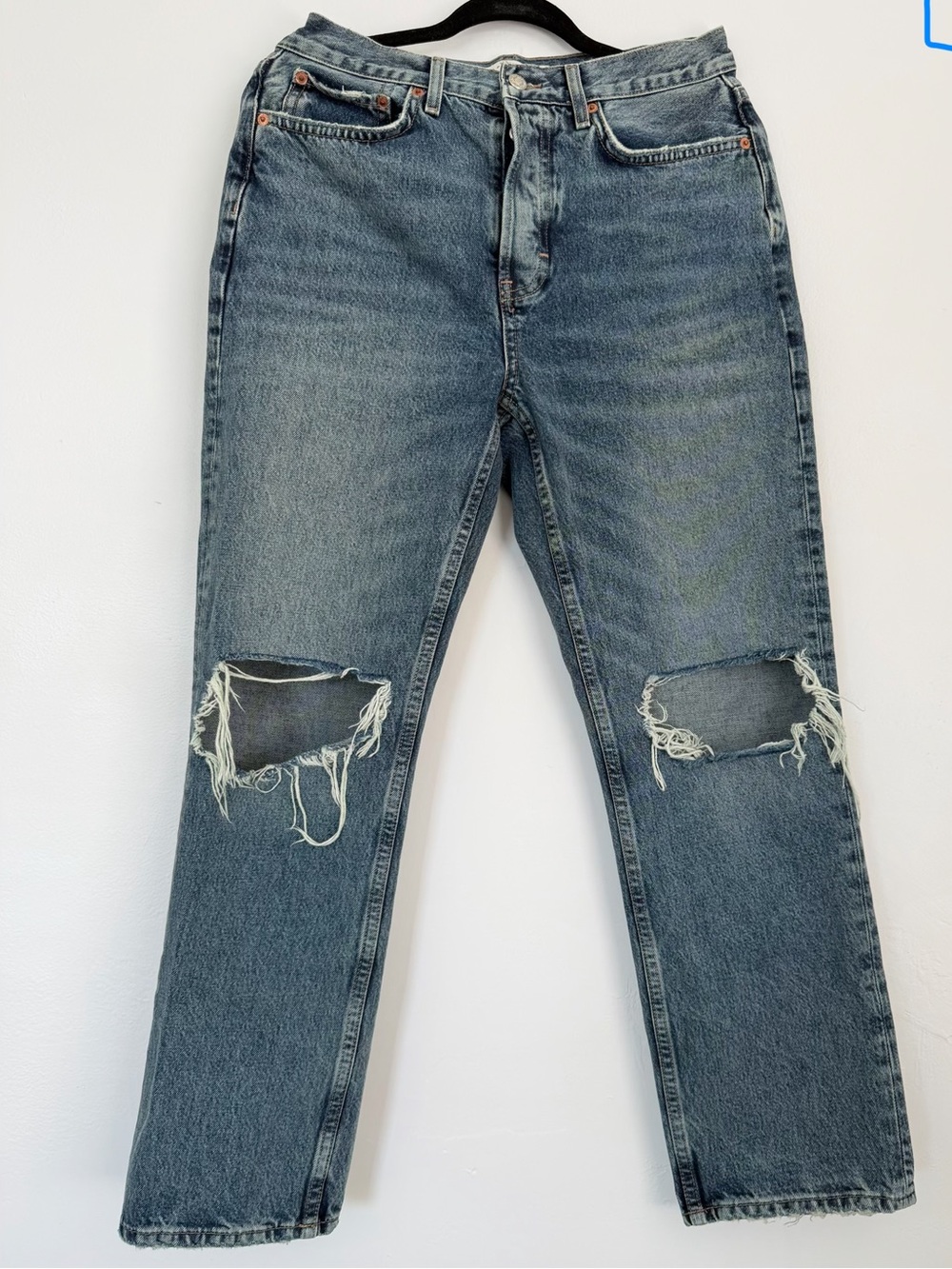 Topshop Light Blue Straight Jeans with Knee Rips